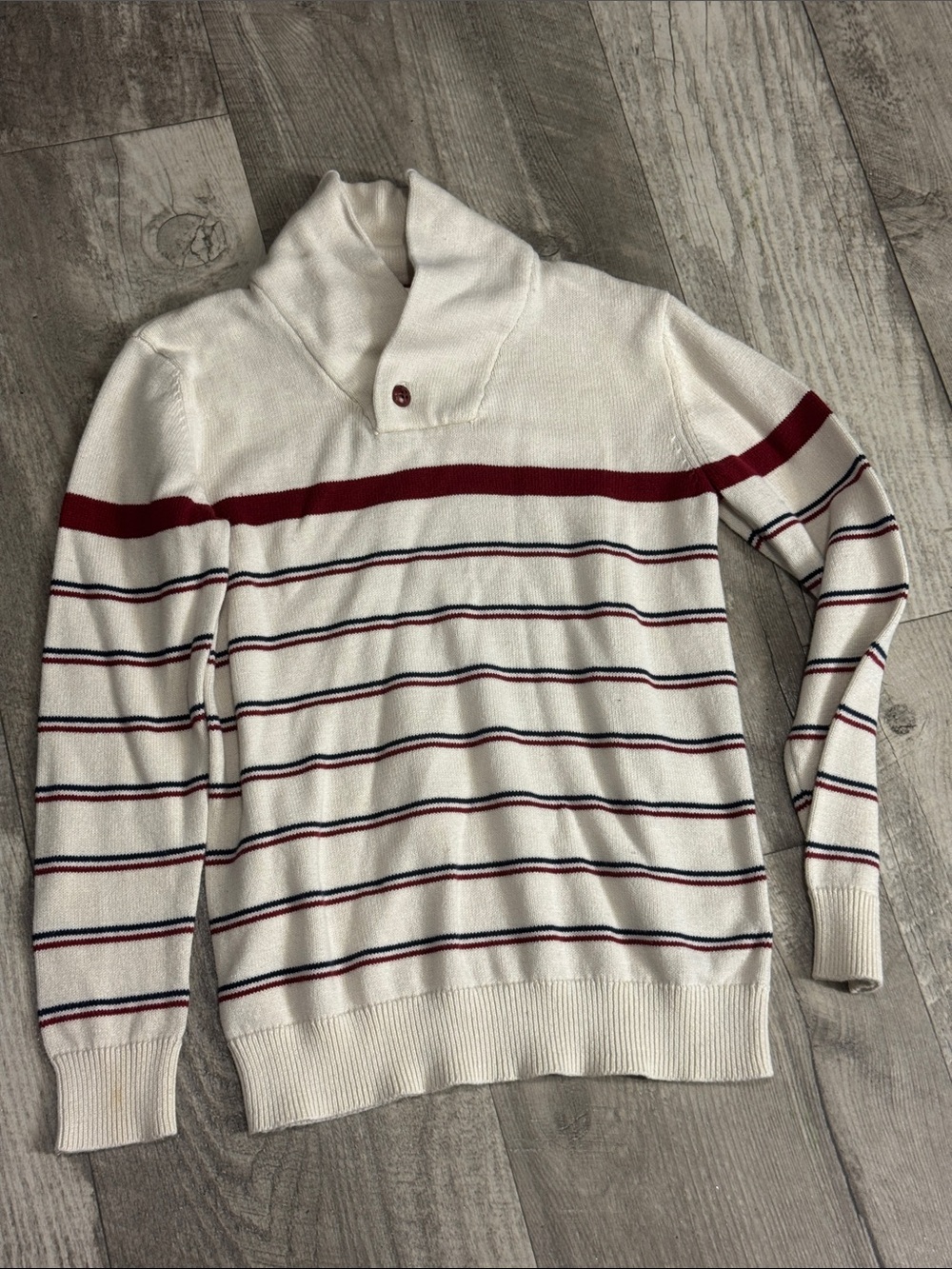 Cream Kids Shawl Collar Sweater with Red & Navy Stripes